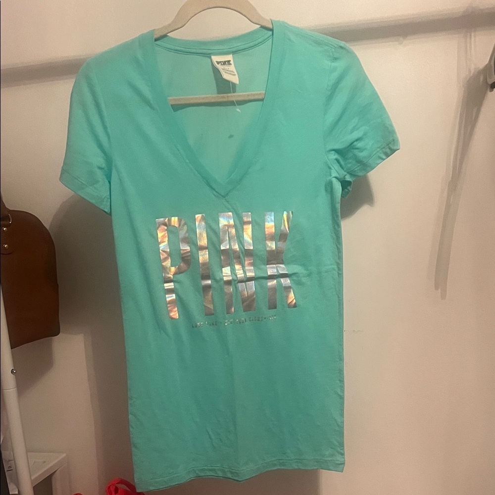 Victoria's Secret PINK Turquoise Tee with Holographic Logo
